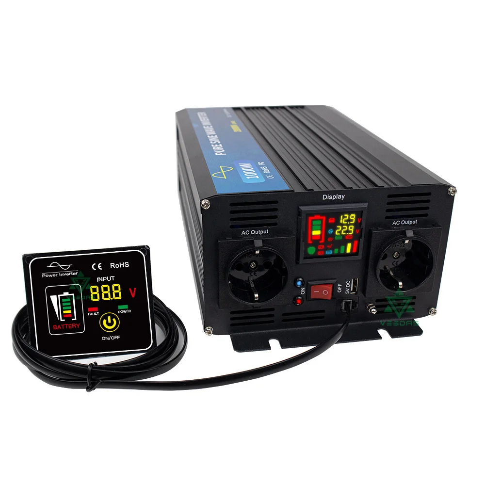 2000W Pure Sine Wave Inverter 12V 24V DC To 220VAC Converter LCD Display USB Socket For Off Grid Wind Or Solar Power System