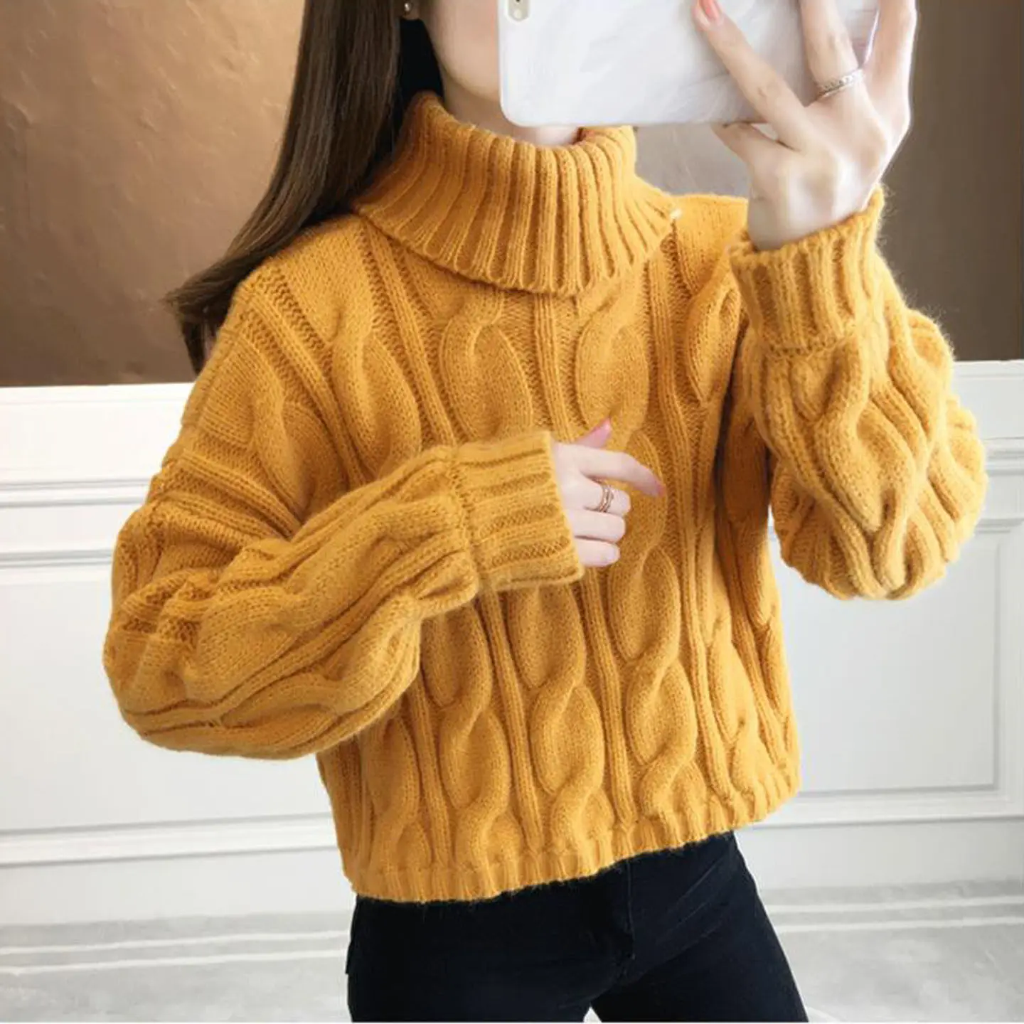 

Solid Color Long Sleeve Knitted Sweater Women's Winter High Neck Thick Loose Casual Versatile Pullover Female Short Tops