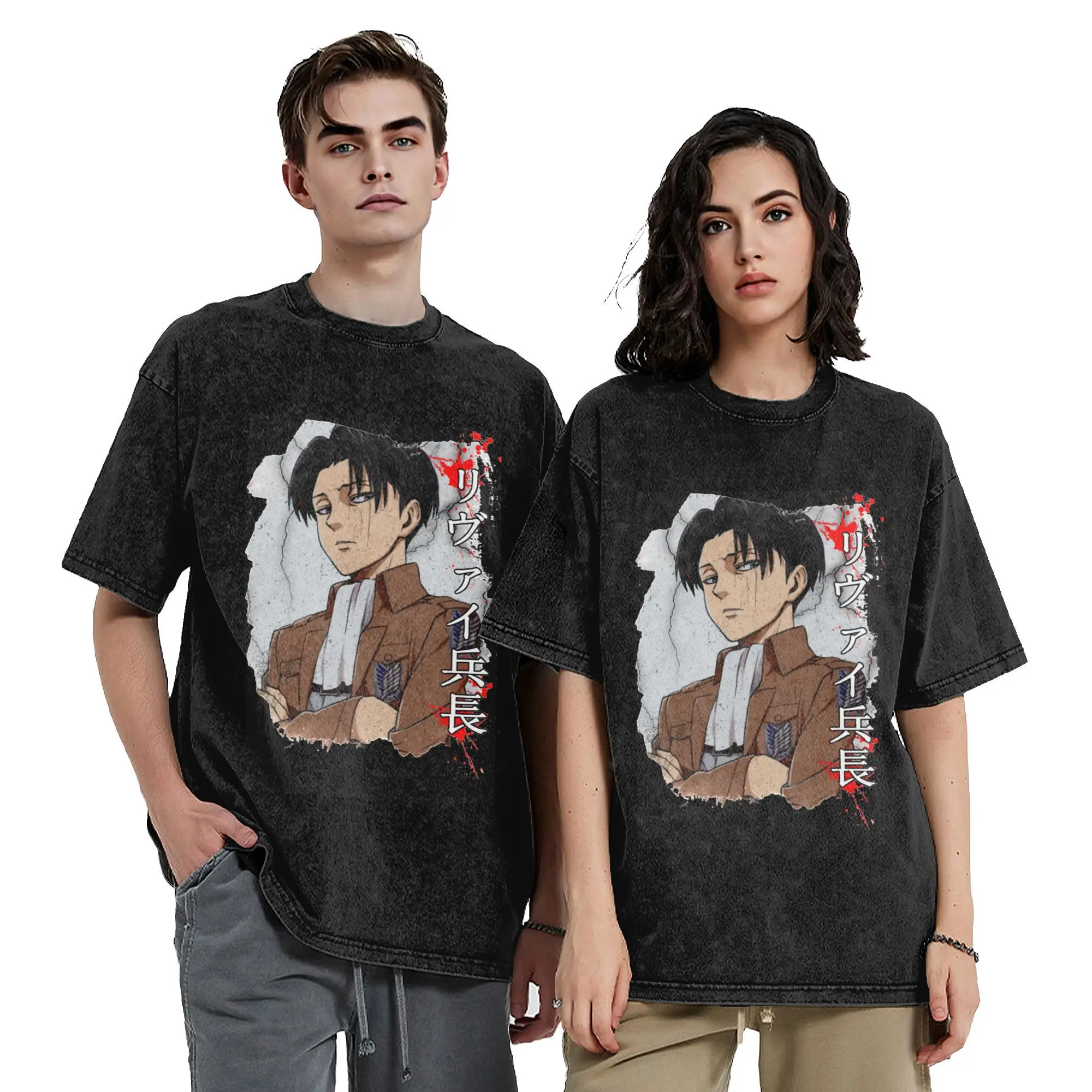 Levi Vintage Washed T Shirts Attack On Titan Shingeki No Kyojin Eren Mikasa 100% Cotton Tops Unique Round Neck T-Shirt