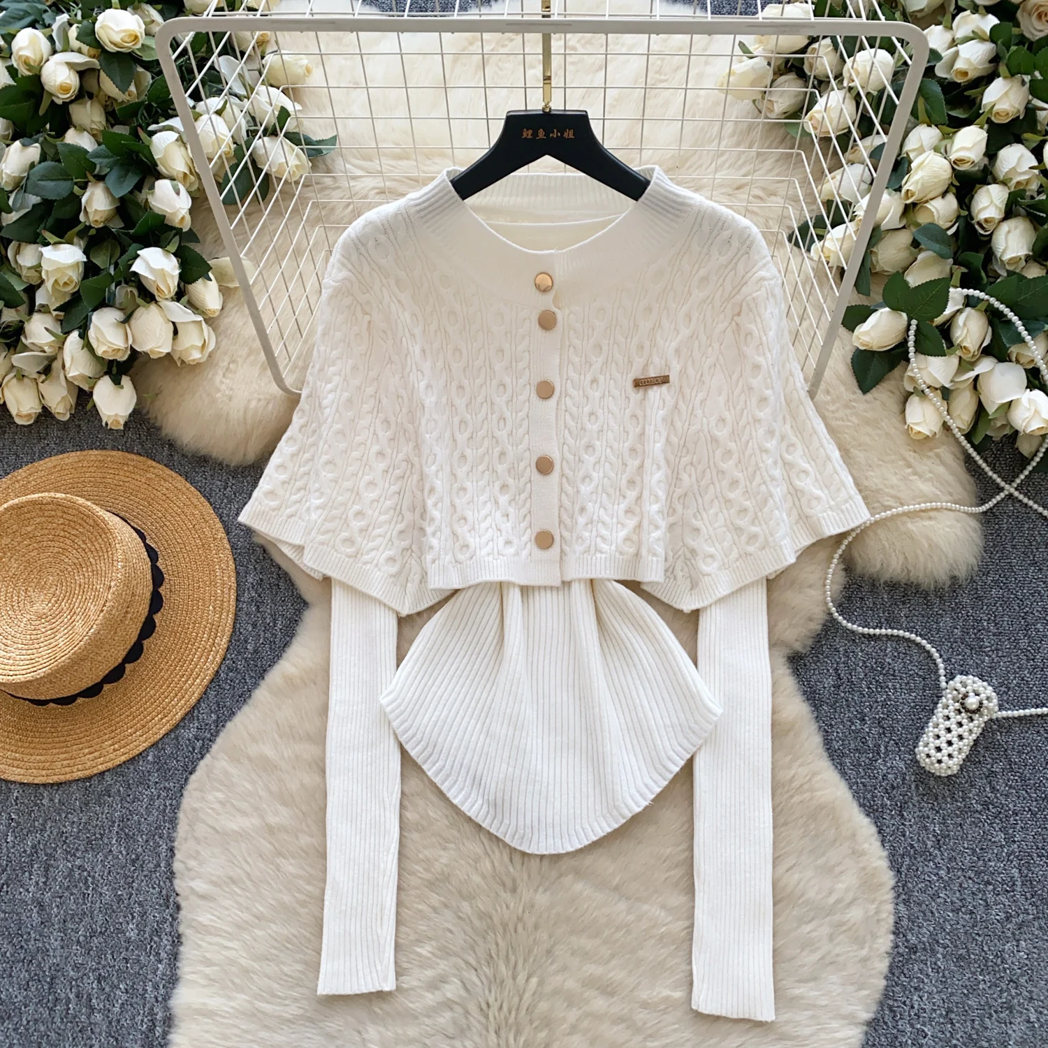 

Женские вязаные пуговицы, зимние накидки, комплекты шаль-плащ, женские роскошные корейские топы для свитер и ужина, пальто, куртка из 2 предметов