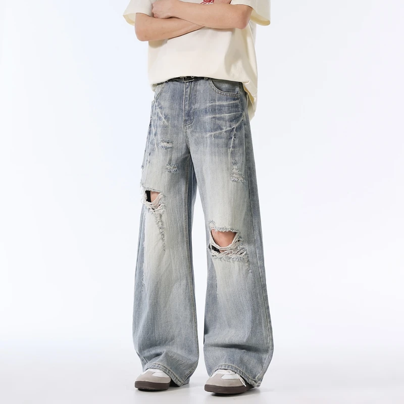 Calça jeans masculina vintage buraco y2k, cintura alta, rasgada, perna larga, folgada, reta, hip hop, streetwear, arrastando, calças jeans