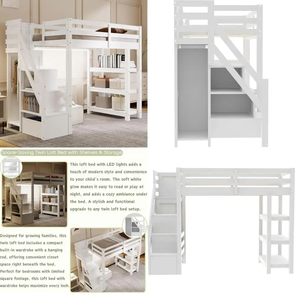 

Twin Size Loft Bed with Stairs, LED Lights, Storage Shelves, Wardrobe, and Guardrails for Kids in White