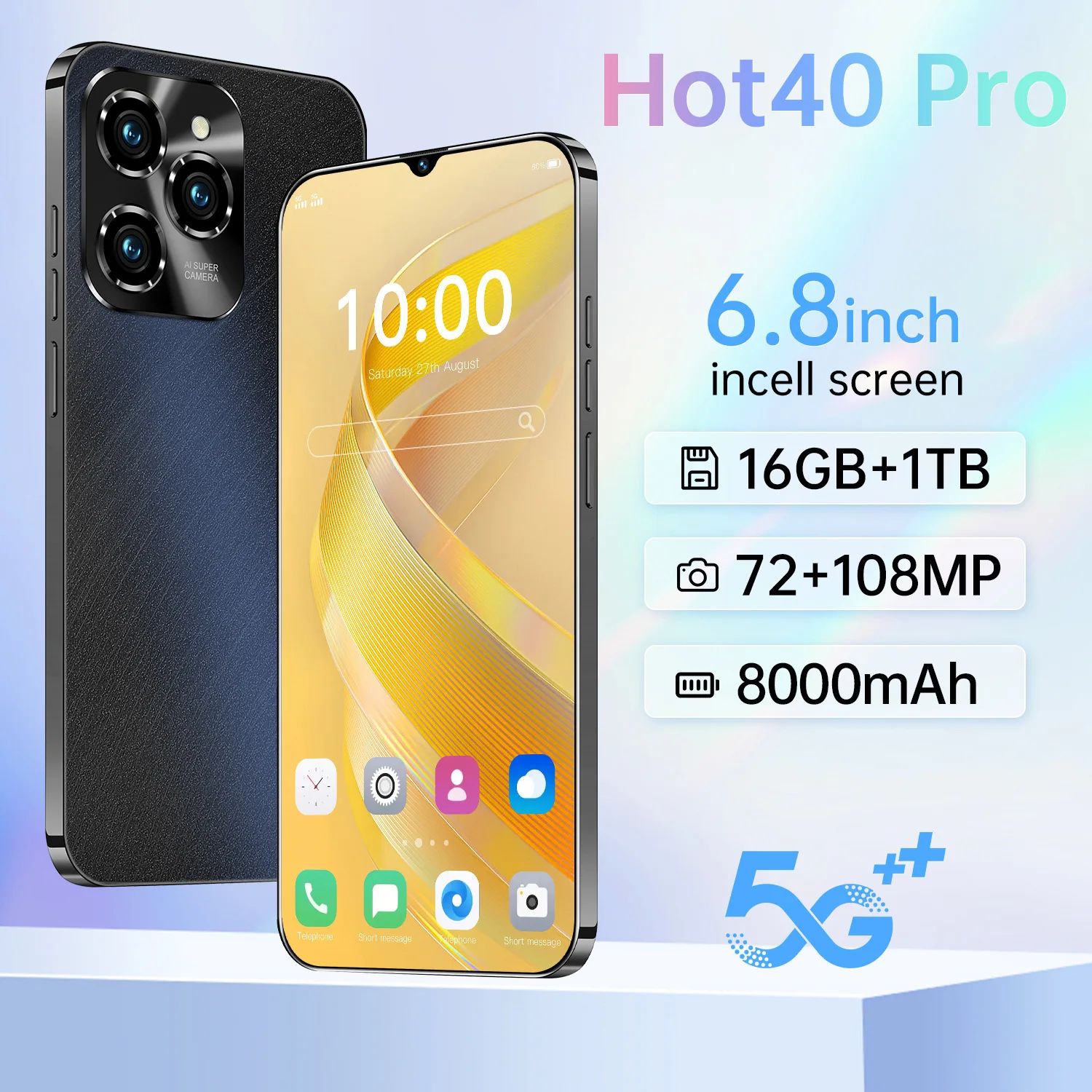 Global Version HOT40 Pro 5G Smartphone with Dual SIM 6.8-Inch Gaming Screen Android 14