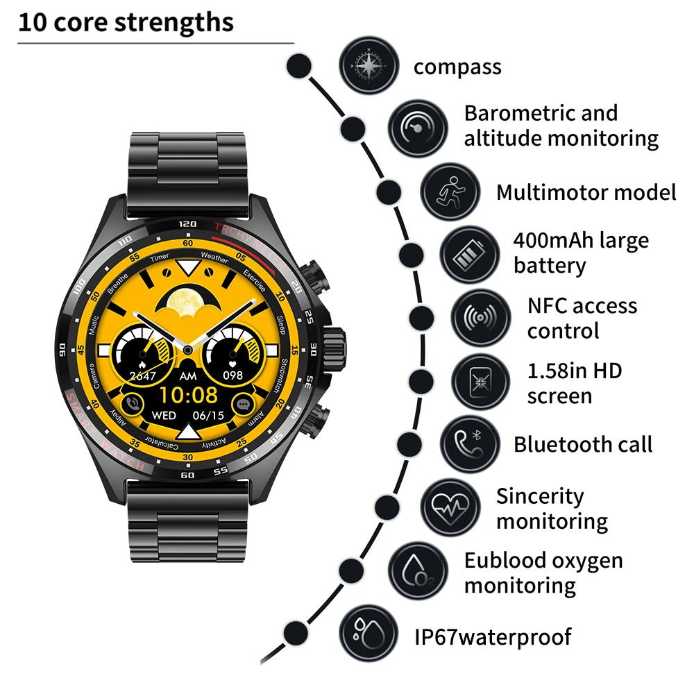 Waterproof Blue Tooth Call Smartwatch para homens, esportes ao ar livre relógios inteligentes, bússola, freqüência cardíaca, monitor de oxigênio no sangue, pulseira, NFC, SOS