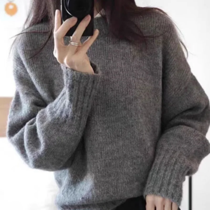 Round neck dropped shoulder sleeves 100% pure Australian wool autumn and winter new plain color knit pullover sweater