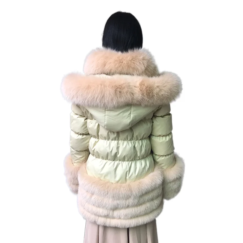 Spring Winter Fur Coat Real Fox Fur Parka Down Coat With Huge Fox Fur Hood And Trim Thick Warm Fashion Fur Jacket Collar