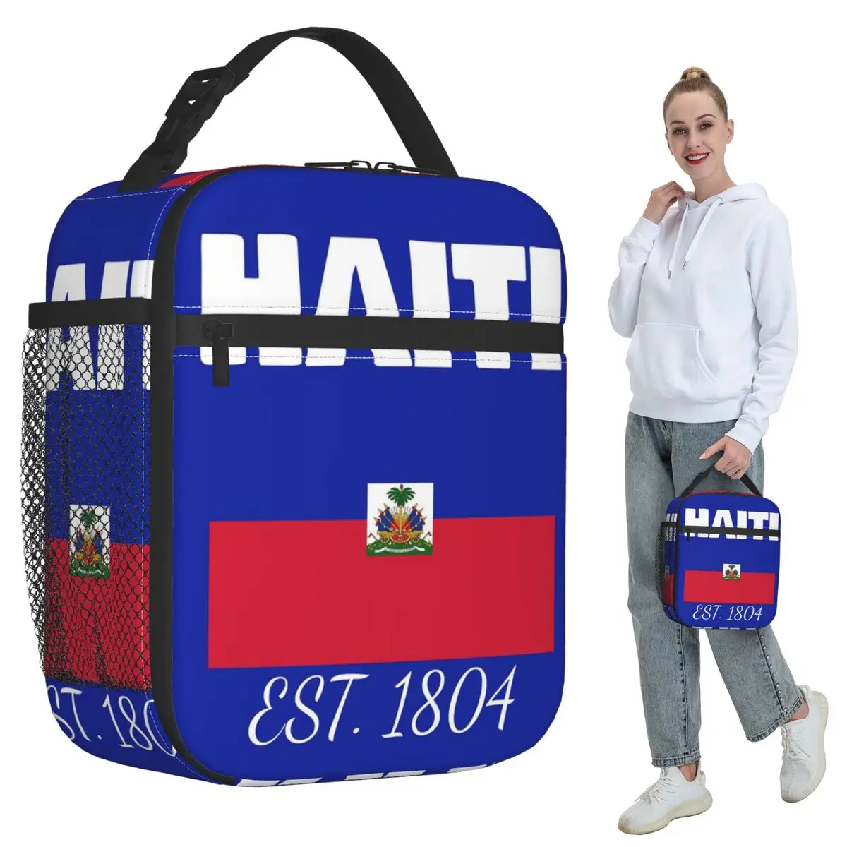 

Haiti EST. 1804 Independence Haitian Flag Merch Insulated Lunch Bag for Women Cooler Thermal Food Box Tote Lunch Boxes Container