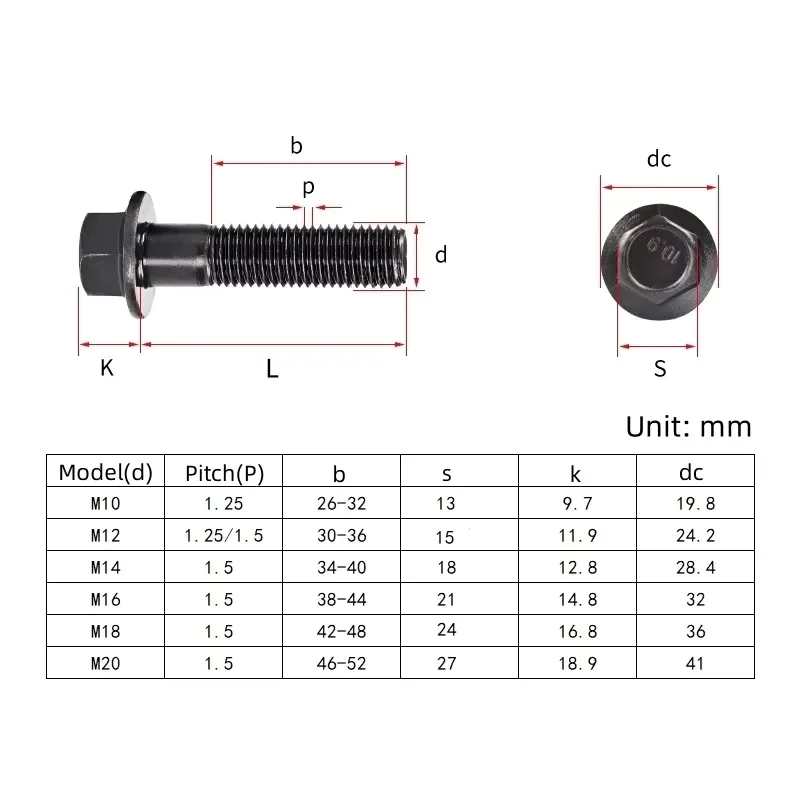 M10 M12 M14 M16 Grade 10.9 Black Carbon Steel Fine Thread Hexagon Head Flange Cap Screw Hex Washer Head Bolts  Pitch 1.25/1.5mm