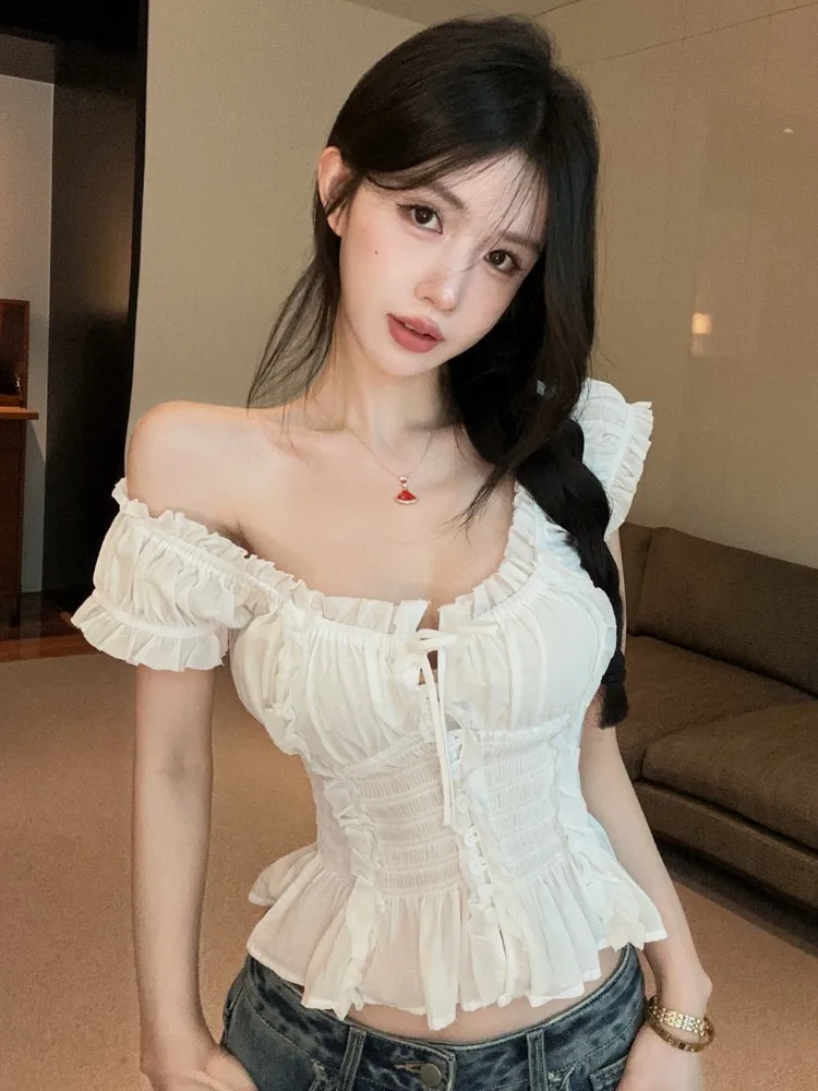 

French Style Ruffle Shoulder Short Sleeve T-Shirt Women's Summer Design Folded Waist Bubble Sleeve Short Top Gentle Wind