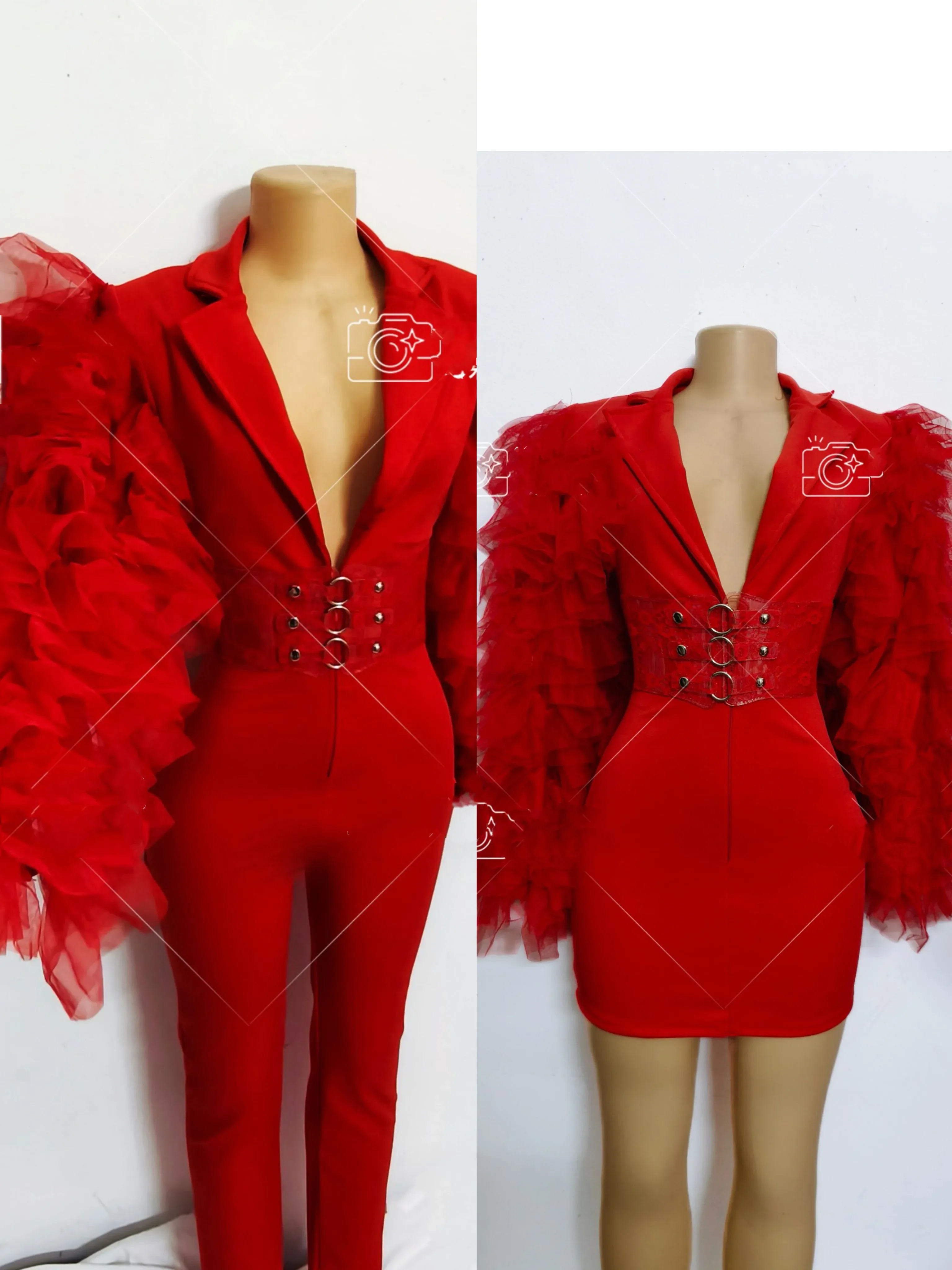 

Red Puff Sleeve Bodycon Jumpsuit/Short Dress Female Singer Concert Stage Show Costume Birthday Prom Evening Celebrate Party Wear