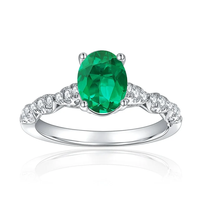 

ZFSILVER s925 Silver Fashion Luxury Trendy Cultivated Gemstone Emerald Oval Ring Charms Women Wedding Party Jewelry Gift R3-0035