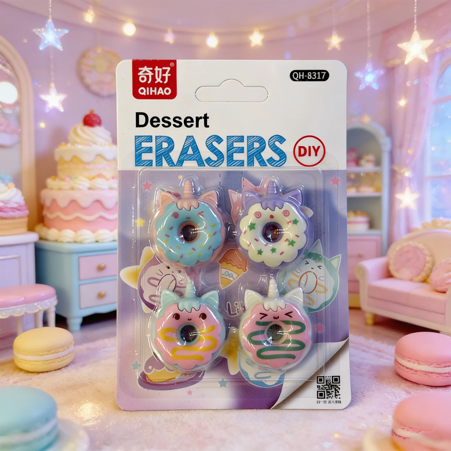 

Dessert Unicorn Donut Erasers Set, 4 Pack DIY Take Apart Puzzle Erasers, Cute Novelty Stationery for Kids, Party Favors