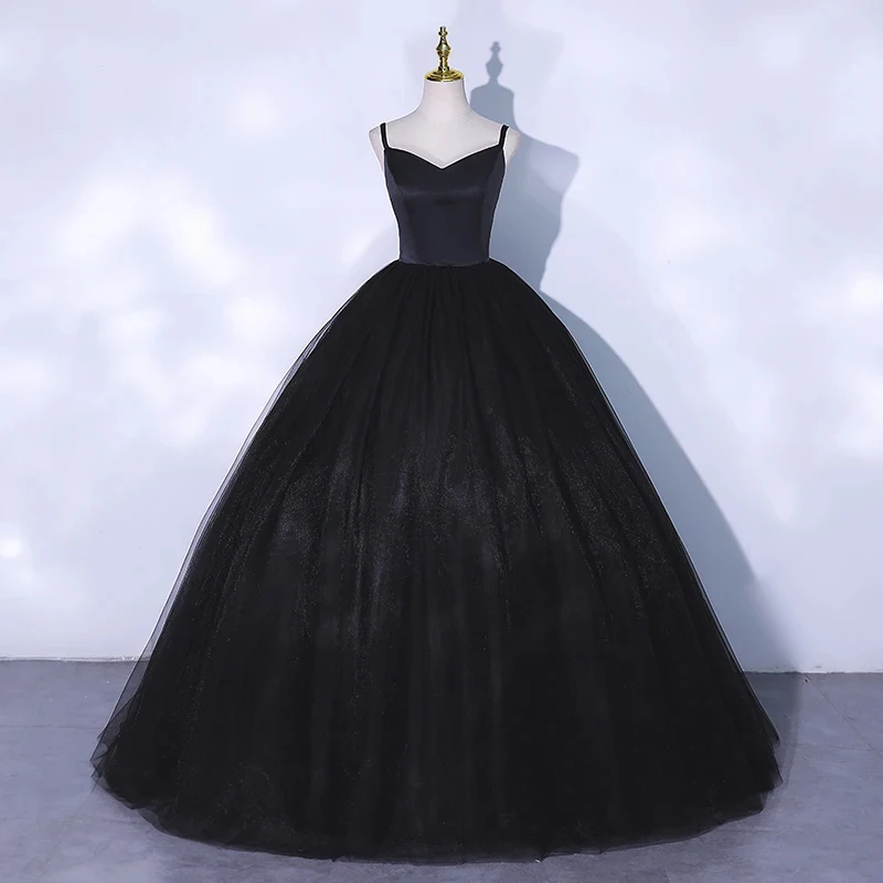 Custom Evening Dress Black V-Neck Floor-Length Spaghetti Strap Simple Ball Gown Elegant Tulle New Party Formal Dresses Woman