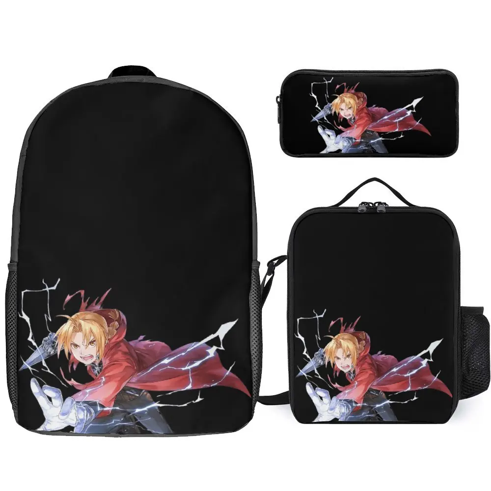 

3 in 1 Set 17 Inch Backpack Lunch Bag Pen Bag Fullmetal Alchemist Anime Edward Elric 6 Homonculus 2 Firm Rucksack Cosy Travel Fu