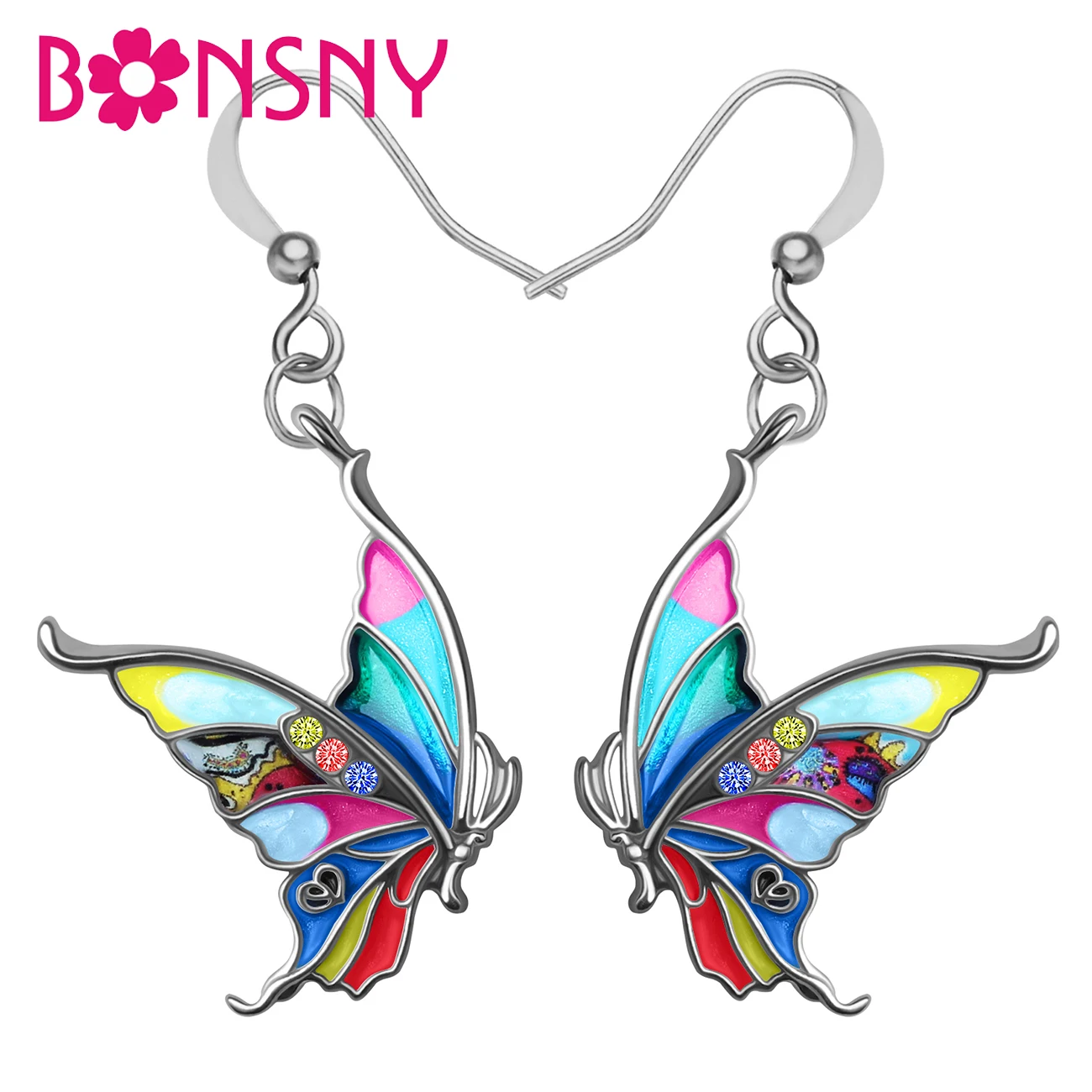 BONSNY Enamel Alloy Floral Swallowtail Butterfly Earrings Papilio Dangle Drop Fashion Party Jewelry For Women Girl Charms Gift