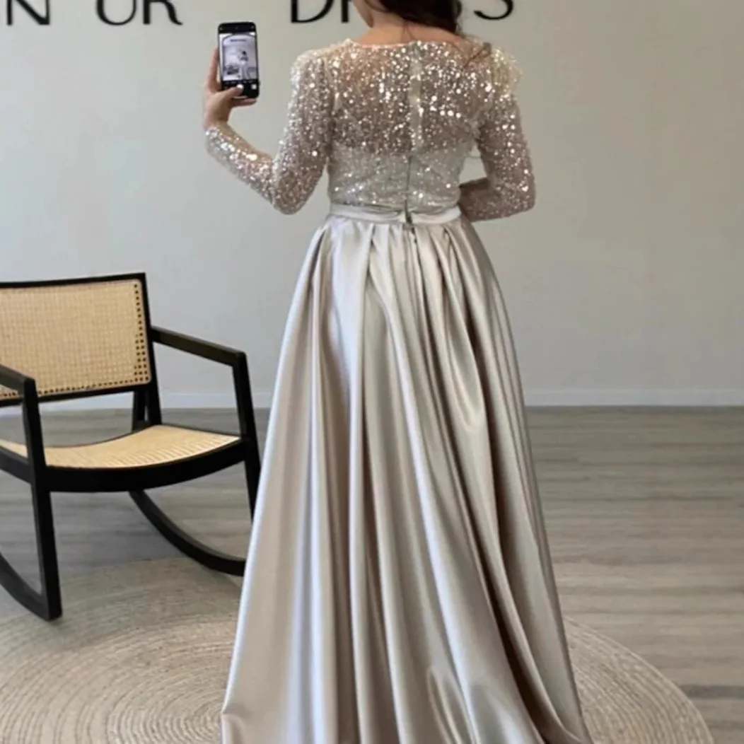 Elegant Satin Sequin Stitching Dress Luxury Glitter High Waist Gala Evening Dress Women Chic Long Sleeve Full Length Party Dress view 4