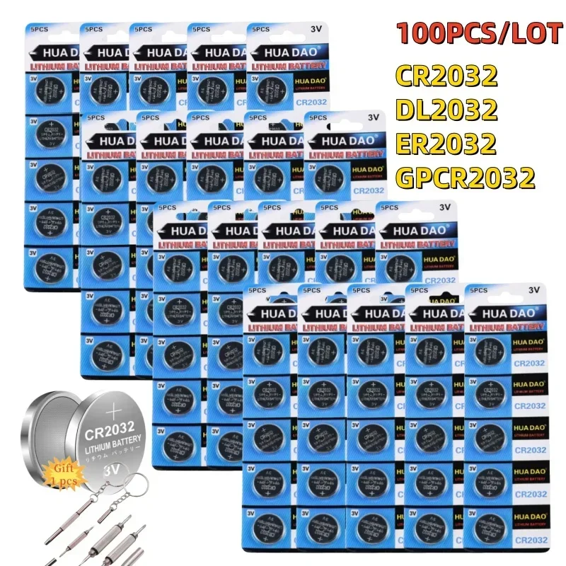 New100PC CR2032 5004LC CR 2032 3V Lithium Coin Cell Battery, Watch Toys Electronics Car Key Button Batteries Long Lasting 240mAh