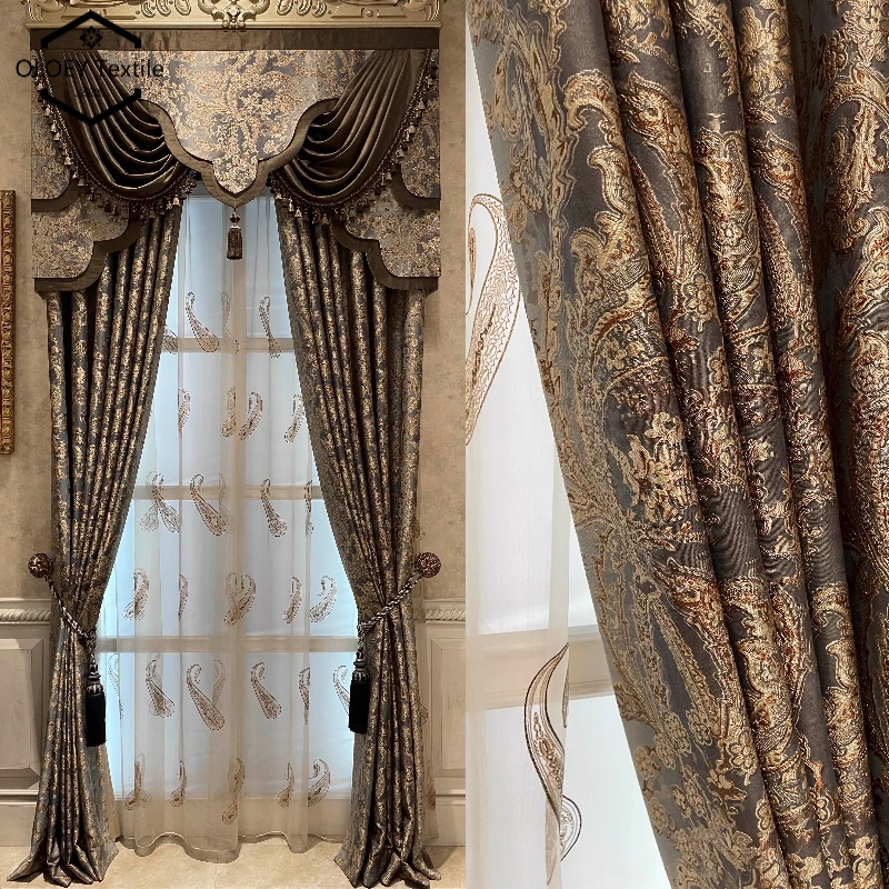 

European Baroque Embroidered Curtains Blackout Vintage Palace Style Velvet Jacquard Drapes for Villa Living Bedroom Valance