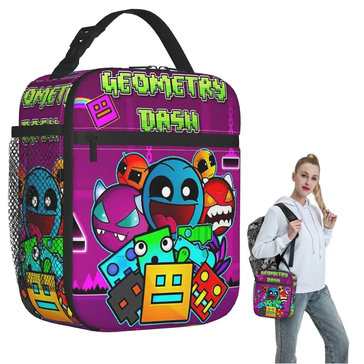Video Game Geometry Dash Insulated Lunch Bag for Women Children Portable Food Boxes Thermal Lunch Box Tote
