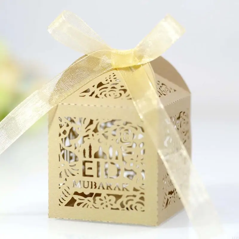 KX4B 100pcs Eid Mubarak Candy Box Hollow Rose Ramadan Kareem Gift Boxes Islamic Muslim Festival Happy Al-Fitr Eid Event Party