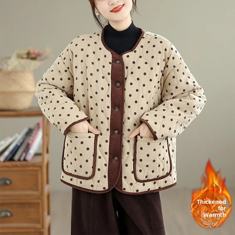 

Новое зимнее пальто свободного кроя из хлопка с цветочным принтом, круглым вырезом, на одной пуговице, в корейском стиле, с художественным контрастным дизайном, больших размеров