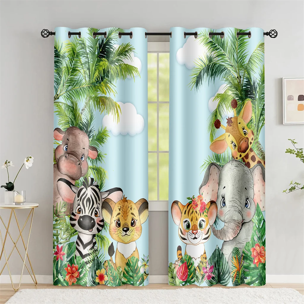 

Cartoon Animal World Curtains Tiger Lion Elephant Curtains 2 Panels Boys Girls Room Bedroom Study Room Window Decoration