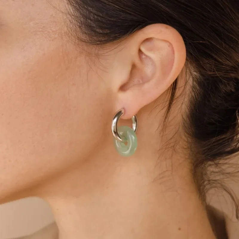 Fashion 1 Pair Green Jade Round Stainless Steel Hoop Earrings For Women Vintage Elegant Earrings Statement Jewelry Girls Gifts
