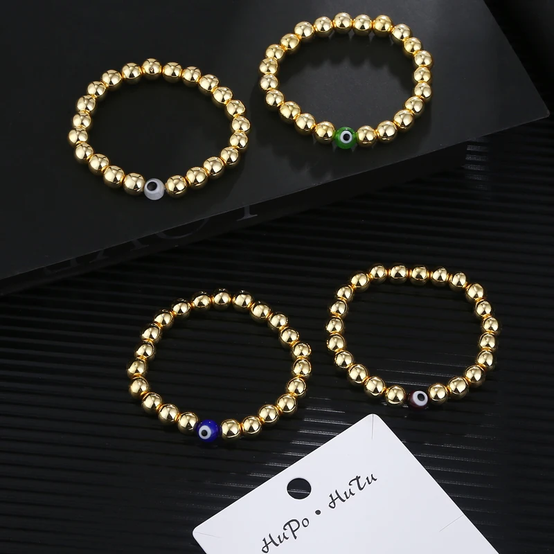 Fashion Jewelry Women' Gift Plated 14k Gold Smooth Round Multicolor Glass Size 8mm Devil's Eye Ore Charm Beaded Elastic Bracelet