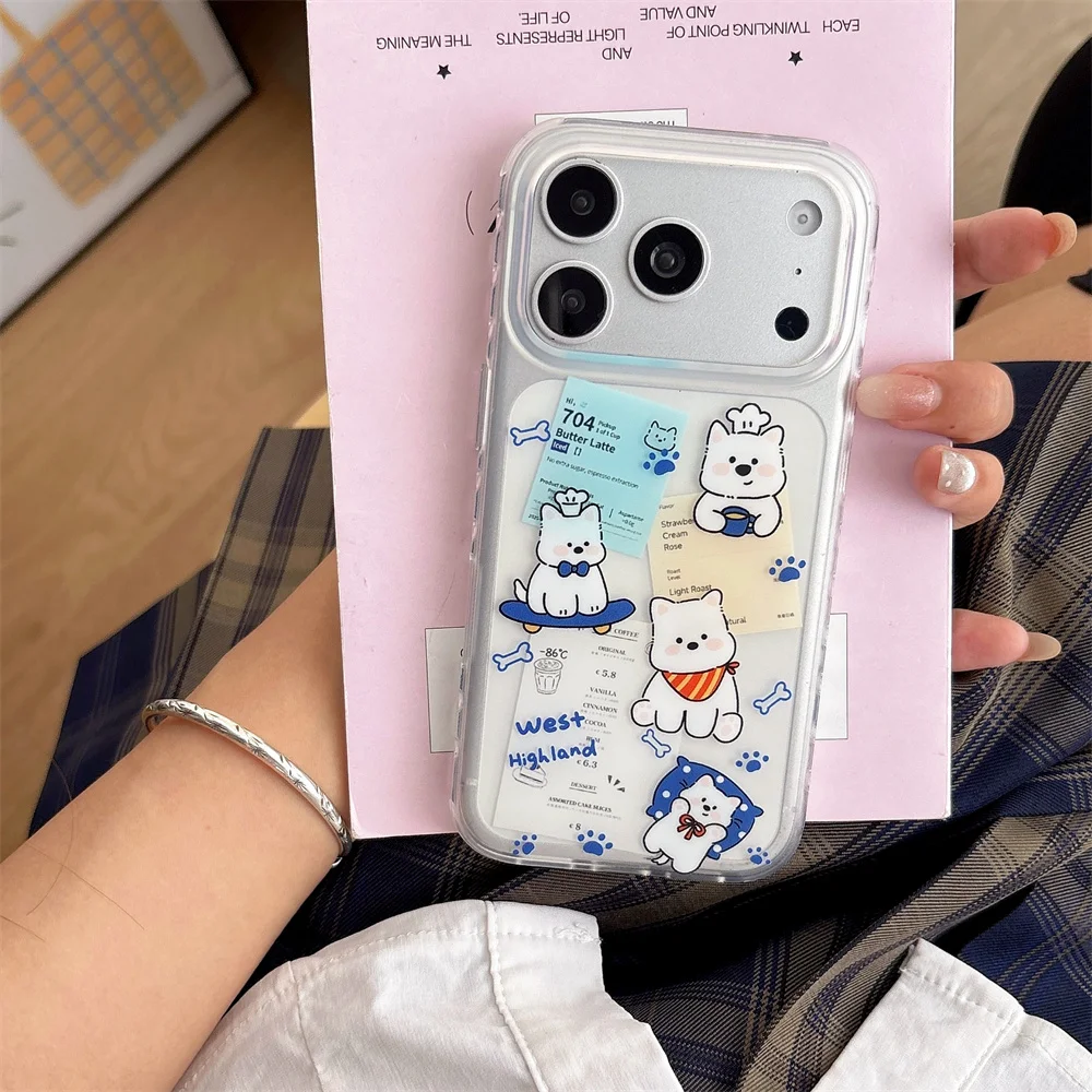 Cute Dog Phone Case For iPhone 15 16 17 Pro Max Cartoon Puppy Paper Collage Pattern Transparent Shockproof Soft Phone Cover