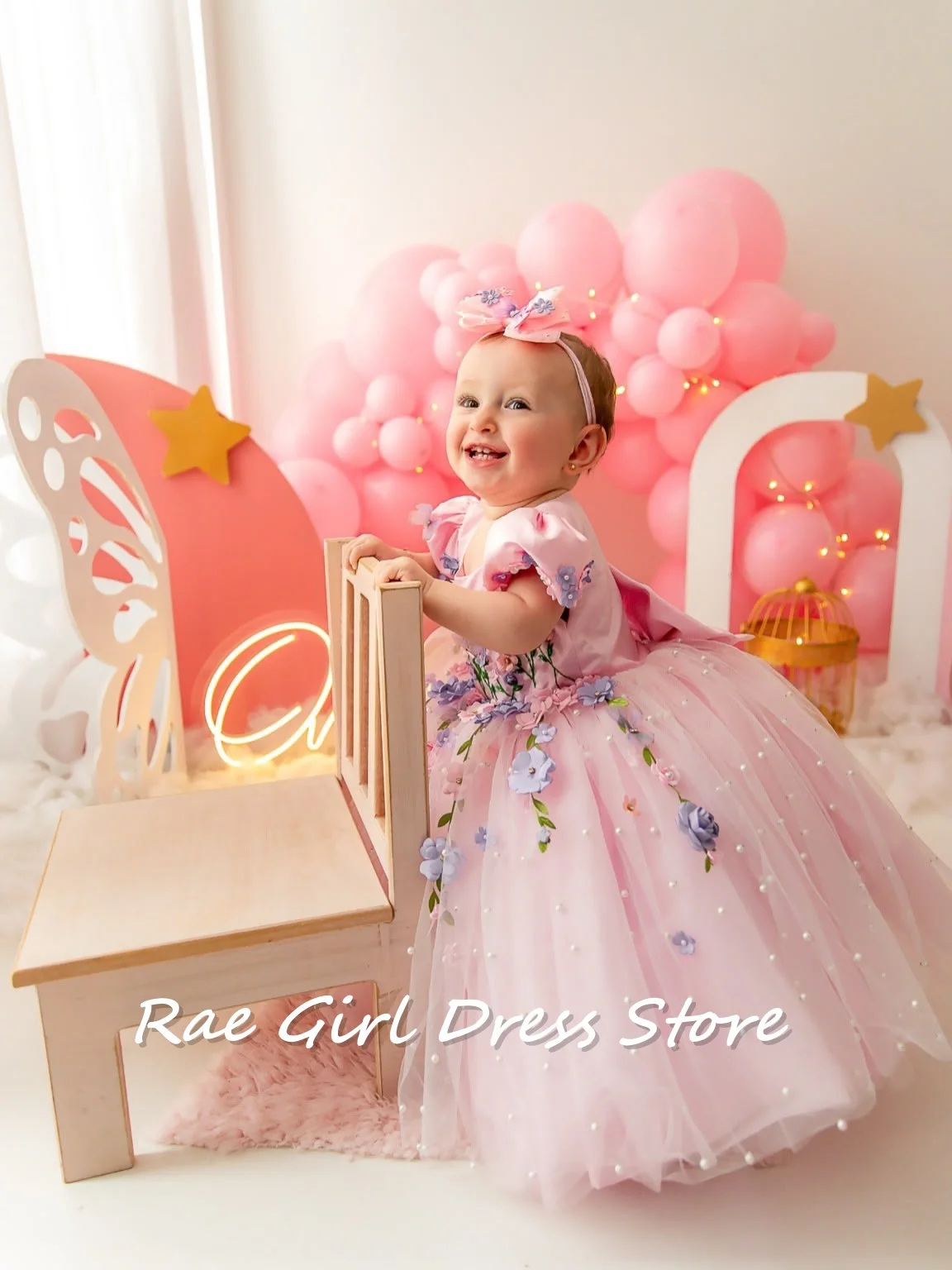 Pink Tulle Baby Flower Girl Dress Puff Cap Sleeves Colorful 3D Floral Pearls A Line  First Birthday Photoshoot Customized