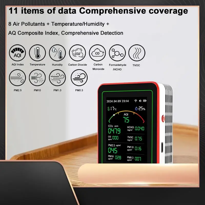 

Tuya Wifi 15 In 1 Air Quality Detector Household Portable AQI PM0.3 PM1.0 PM2.5 PM10 CO CO2 TVOC HCHO Tester With Mount