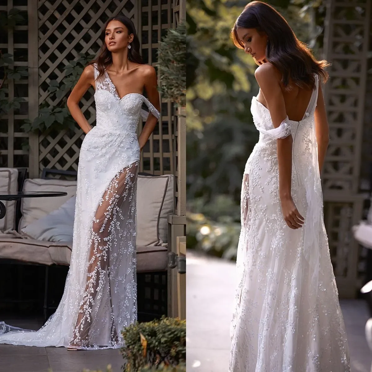 

Customized Elegant Lace Applique A-Line Wedding Dress V-Neck Backless Side Slit Sleeveless Sexy Bridal Gown Vestido De Novia