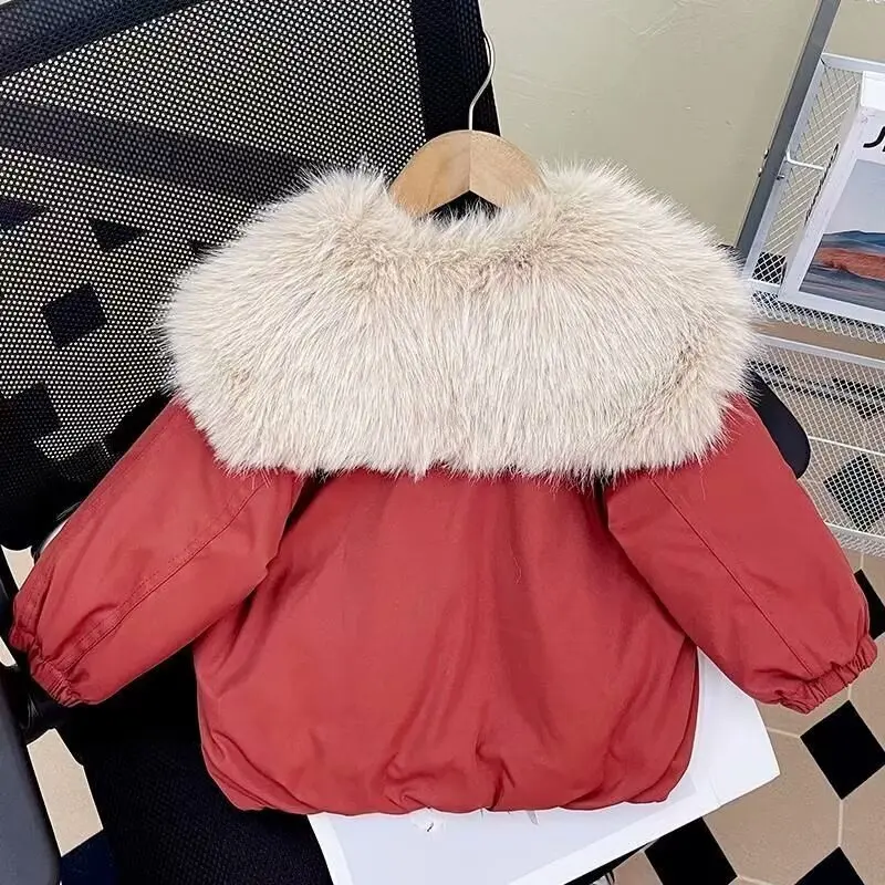 Girls Winter Jacket Plus Velvet Warm Kids Windbreaker Coat For Girls Fur Collar Parkas Children Outerwear