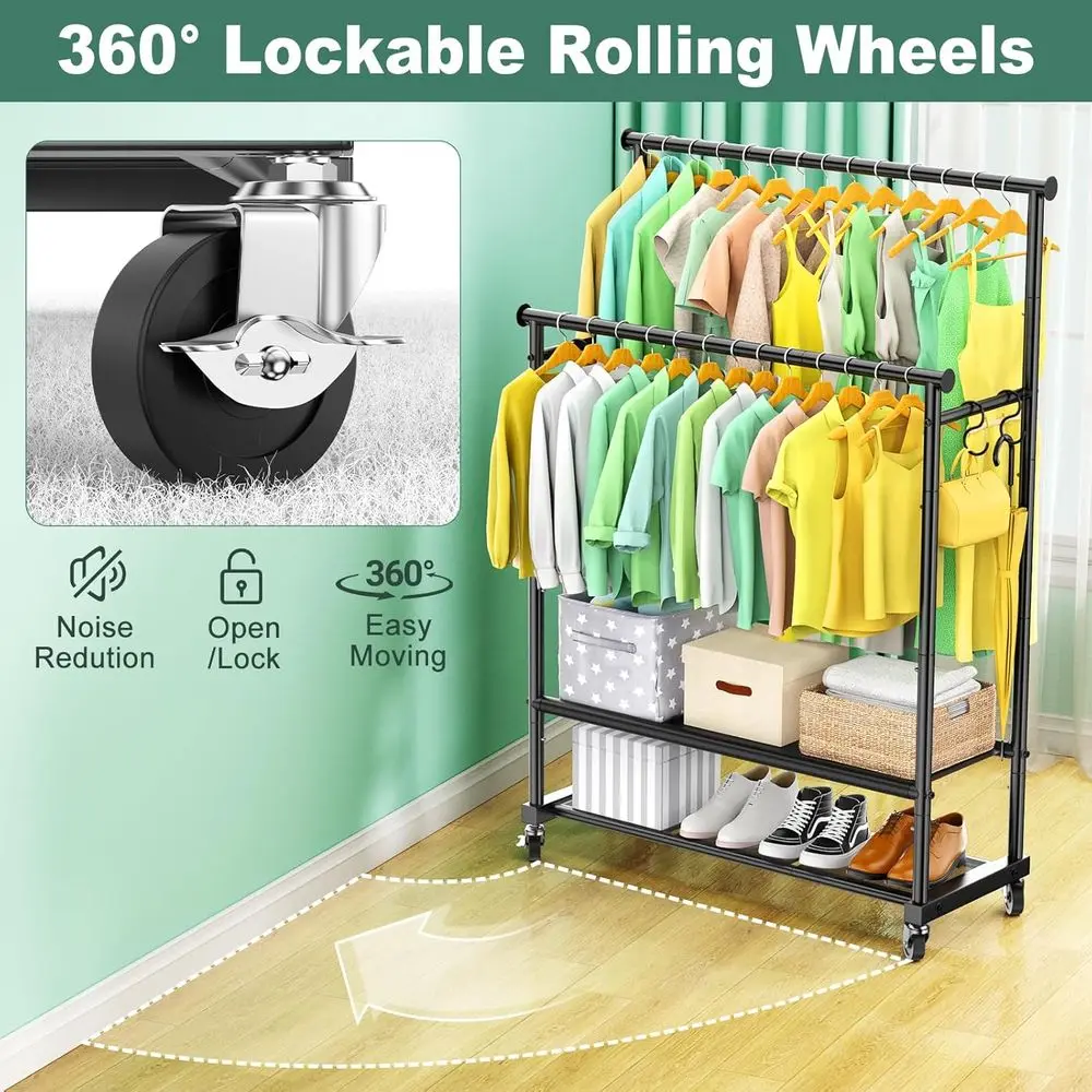 Double Rod Clothing Rack Heavy Duty with Oxford and Mesh Bottom Shelves, Garment Racks for Hanging Clothes, Portable Wardrobe Ra