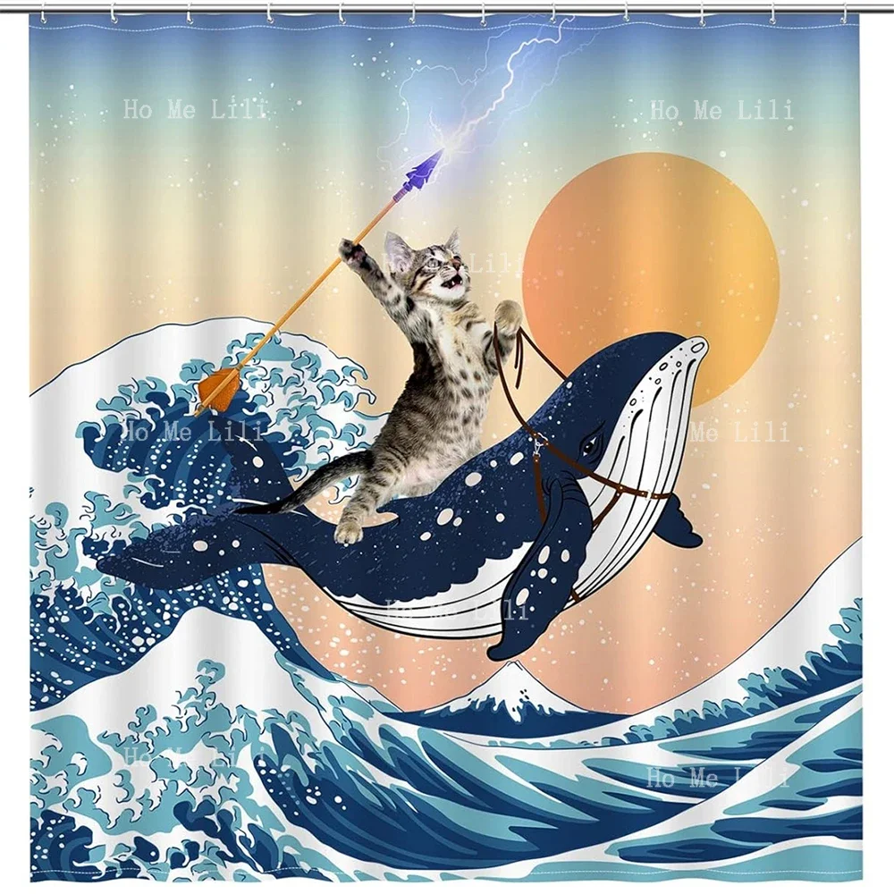 Funny Brave Cat Holding Trident Arrow Riding Shark In Ocean Wave Whale Cat Shower Curtain Set With 12 Hooks