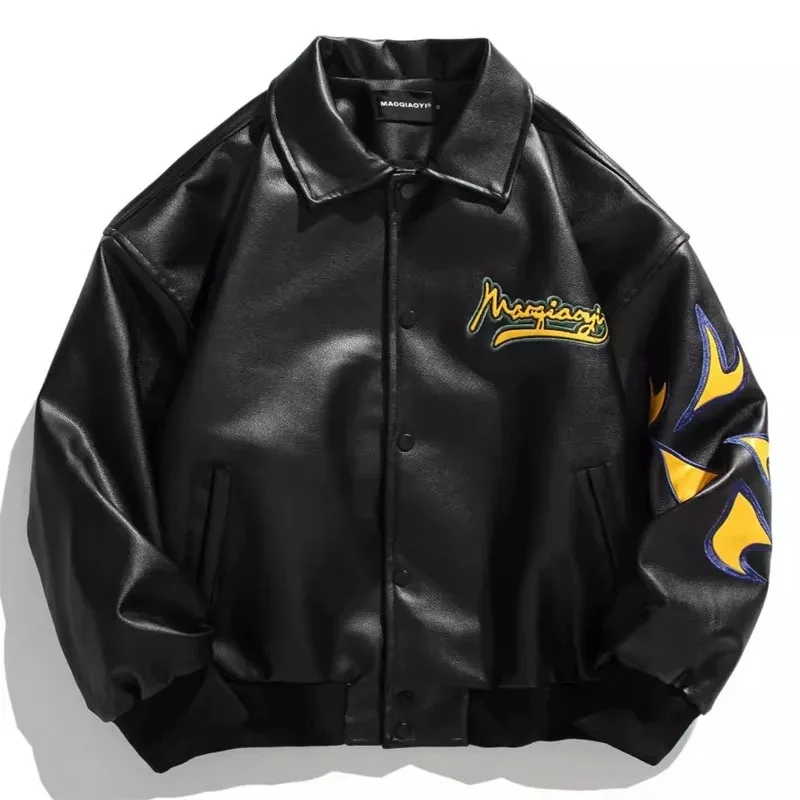 Autumn Japanese Harajuku Baseball Jacket Men Women Racing Motorcycle Embroidery Leather Baseball Jackets PU Bomber Coats Unisex