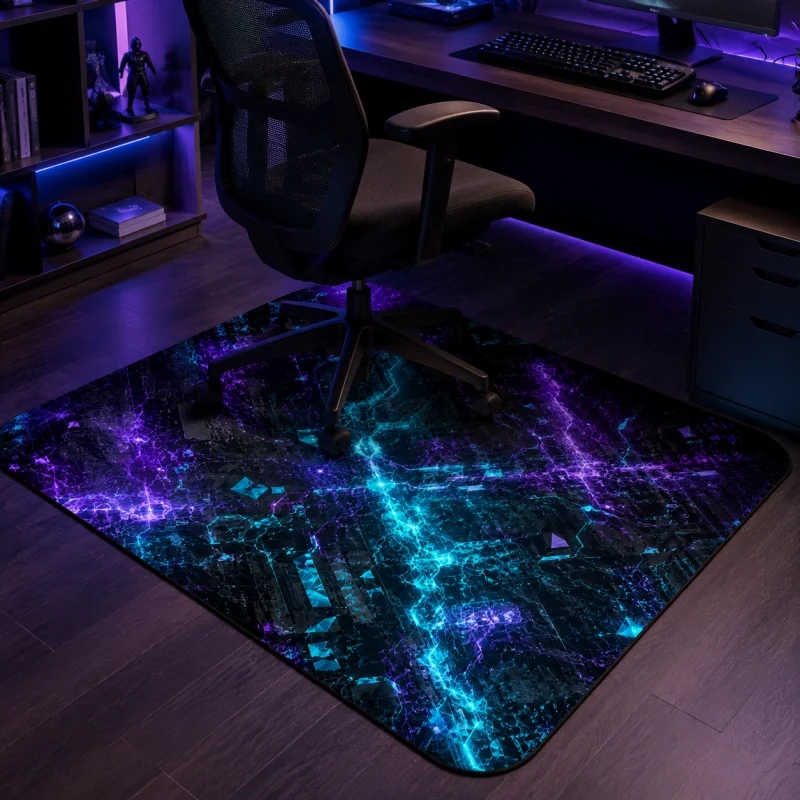 VIKAMA Cyber Blue Tech Circuit Gaming Chair Mat Non Slip Wear Resistant Large Floor Rug E-Sports Computer Desk Game Room Decor