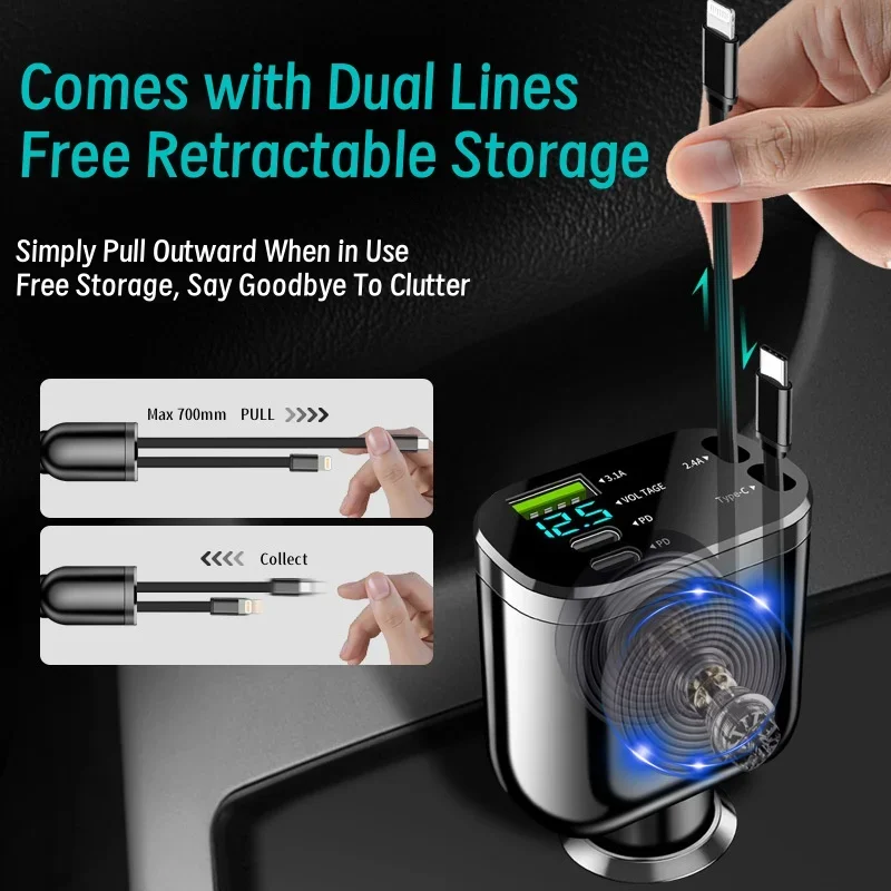 5-in-1 Cigarette Lighter with Intelligent Digital Display,Expandable USB,Car Phone Charger, Car Fast Charging,Hot Selling