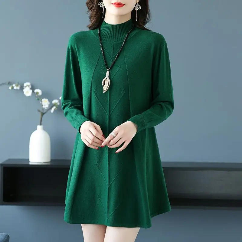 Autumn and Winter Women\'s Solid Color Half High Neck Long Sleeve Knitted Mid Length Underlay Fashion Formal Commuter Dress