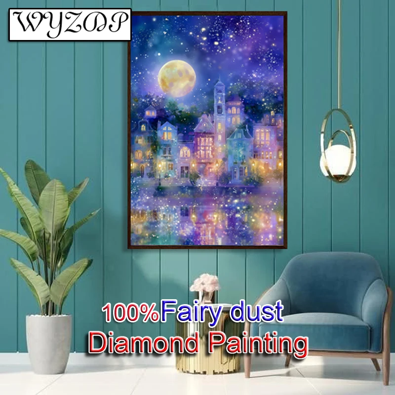100% Fairy Dust Diamond Painting Kit Night view Square Diamond Embroidery Cross Stitch Crystal Diamond Art Fairy Dust Home Decor