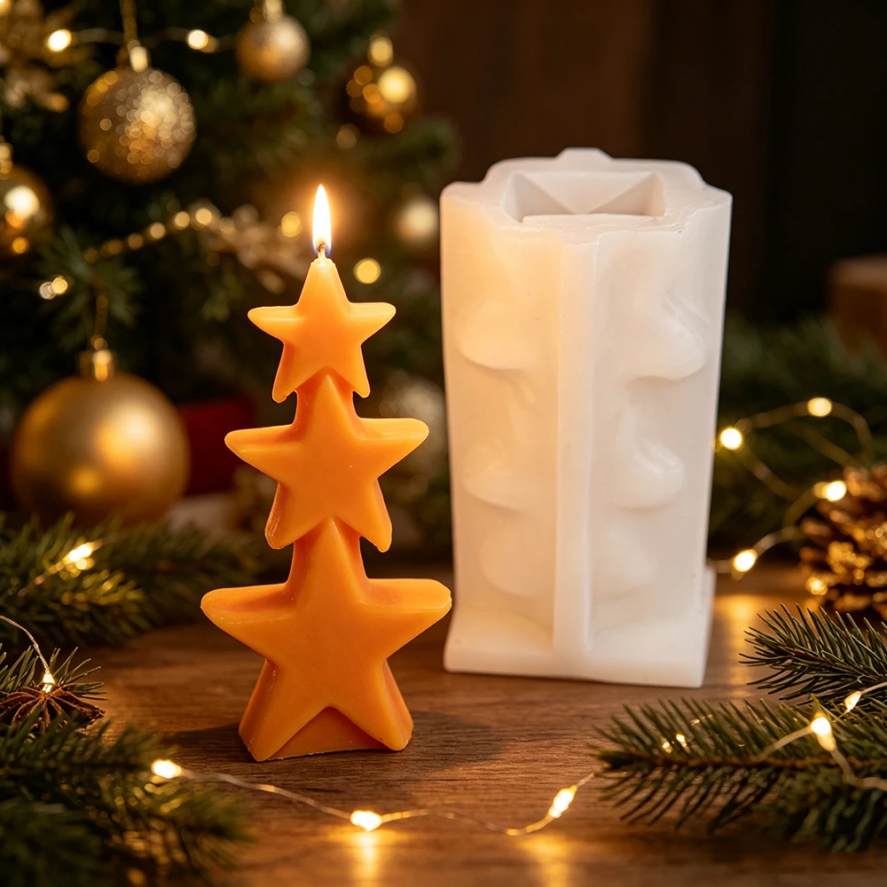Stacked Triple Star Candle Mold 3D Star Silicone Mold for DIY Aromatherapy Candle Plaster Soap, Xmas Holiday Decor Handmade Gift