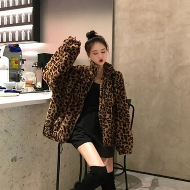 Winter Leopard Print Jacket Women's Stand collar Warm Parkas Outwear 2024 New Autumn Winter Korean Female Loose Faux Fur Coats