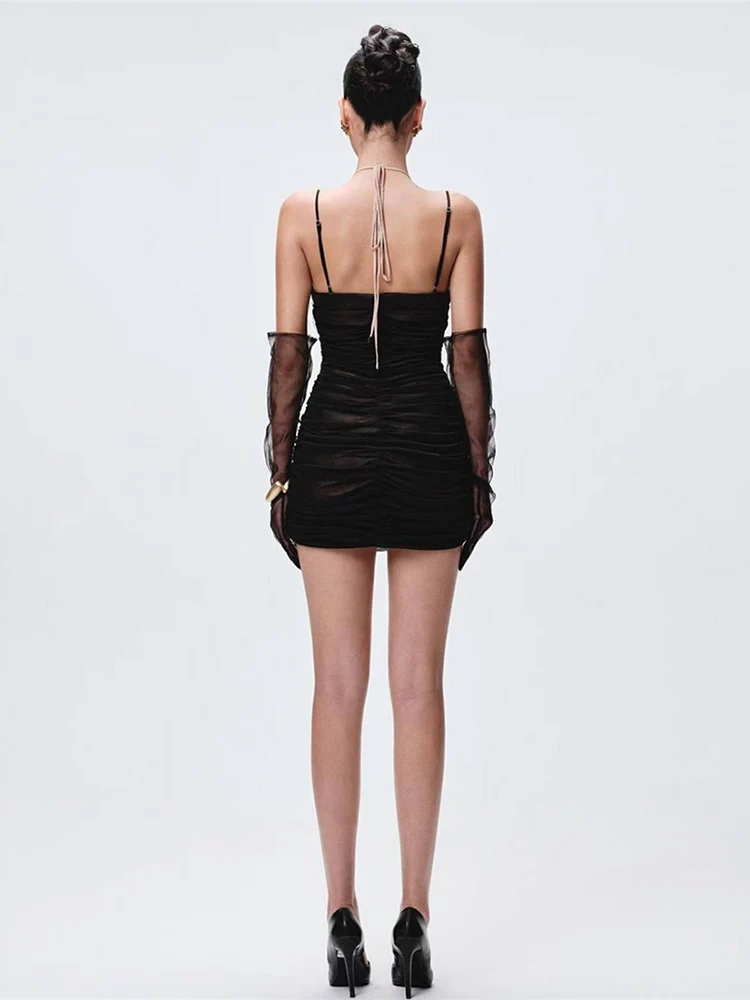 Cutenew Sexy Trend Chic Dress Women Sexy Ruched Feather Sleeveless Double-Layer Mesh Patchwork Hollow Chic Party Clubwear