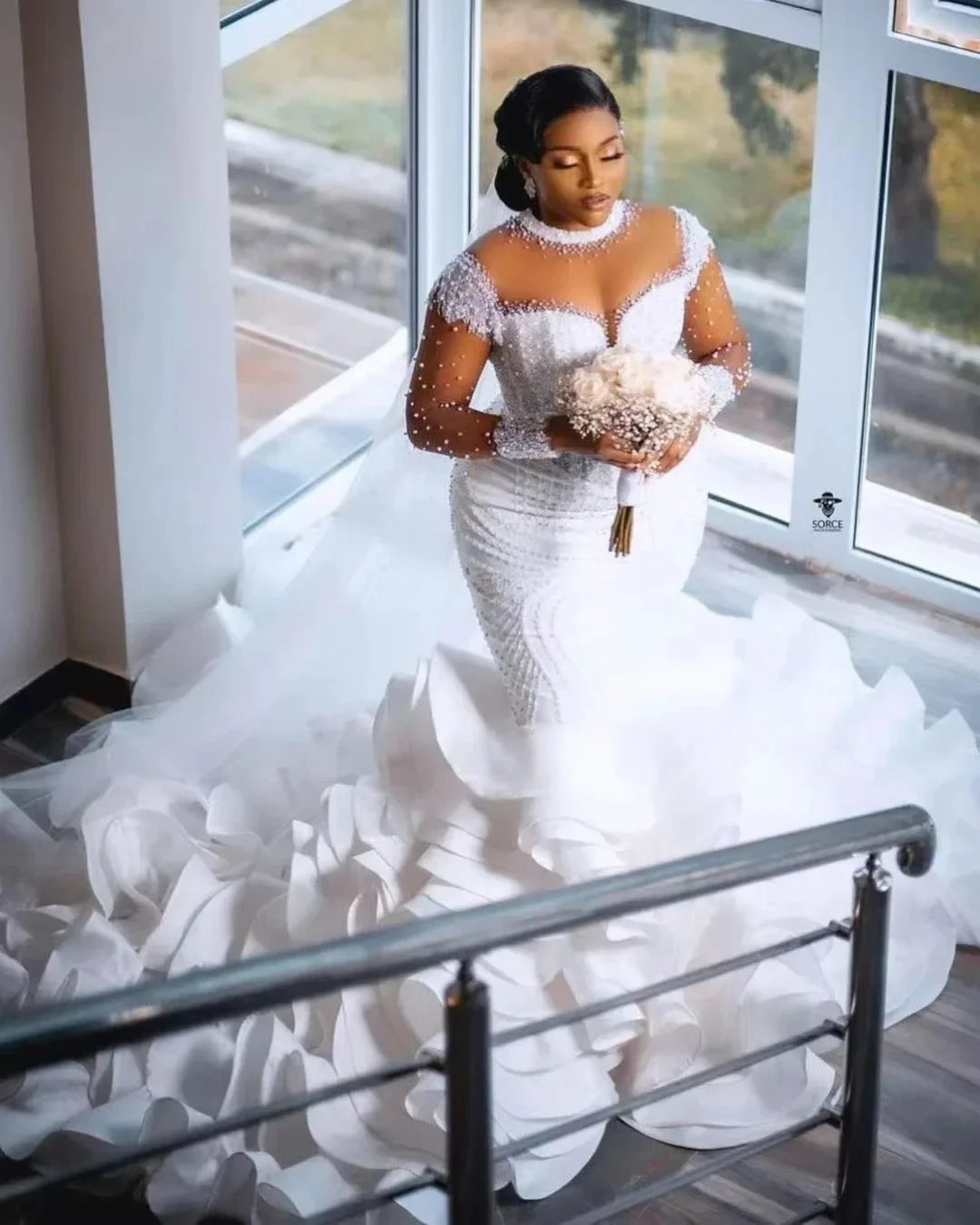 Customized High Collar Illusion Shinny Pearls Beads Wedding Dress Robe De Mariée Long Sleeves Tiers Ruffles Bridal Gown