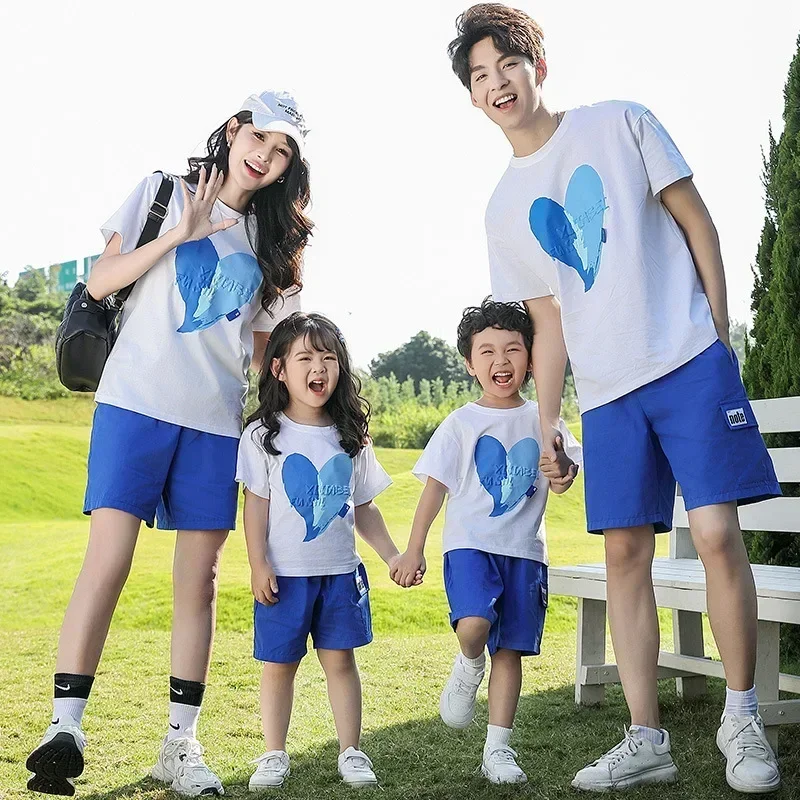 Heart Family Matching Outfits Summer Korean Parents and Children Clothes Dad Mom and Son Daughter T Shirts Shorts Two Piece Sets