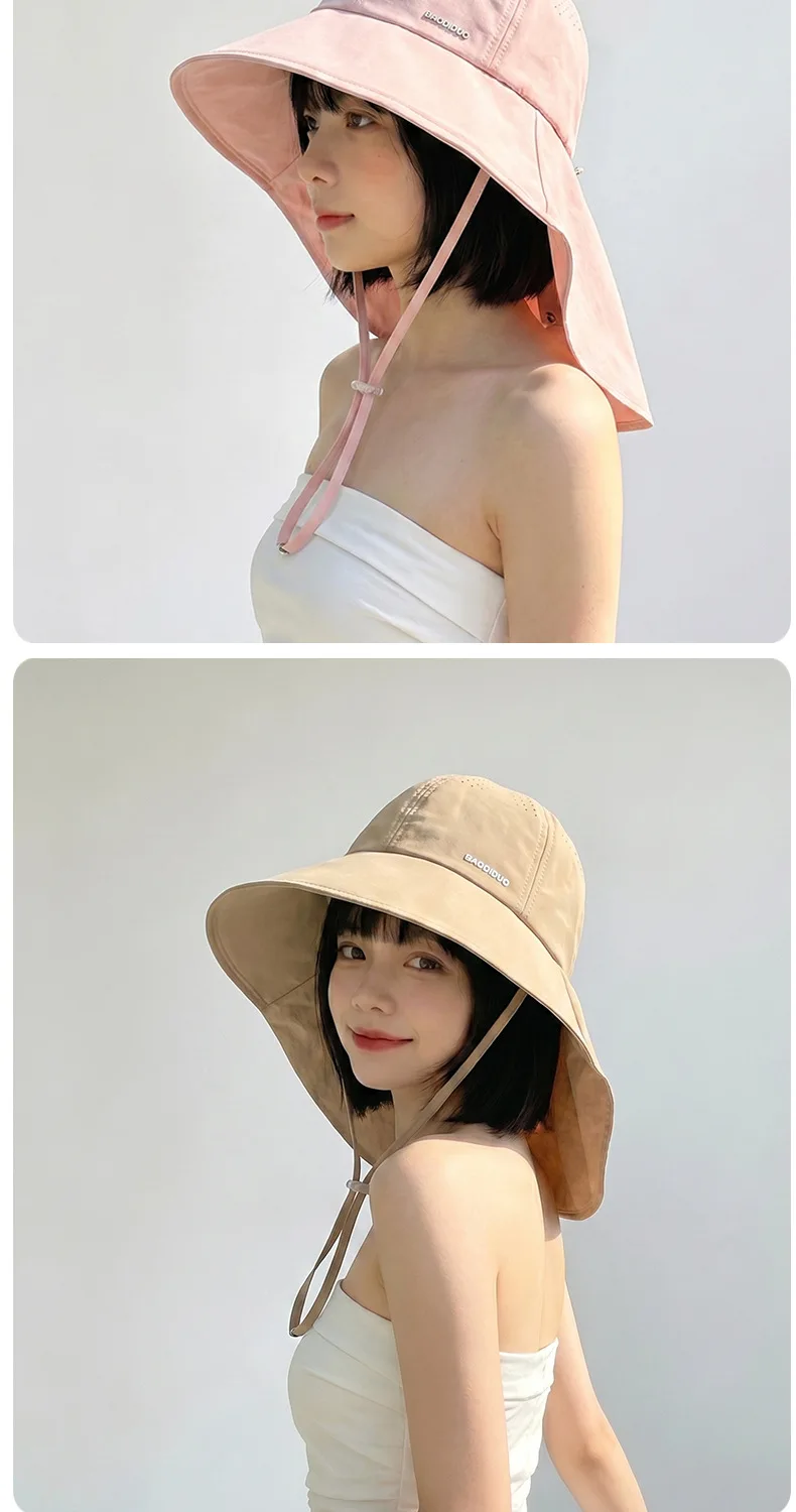 HOT Damen-Sonnenhut, schnelltrocknend, UV-Schutz, Fischerhut, breite Krempe, Bucket Hat mit Nackenschutz, Wanderhut, Sonnenschutzkappe – Detail 10
