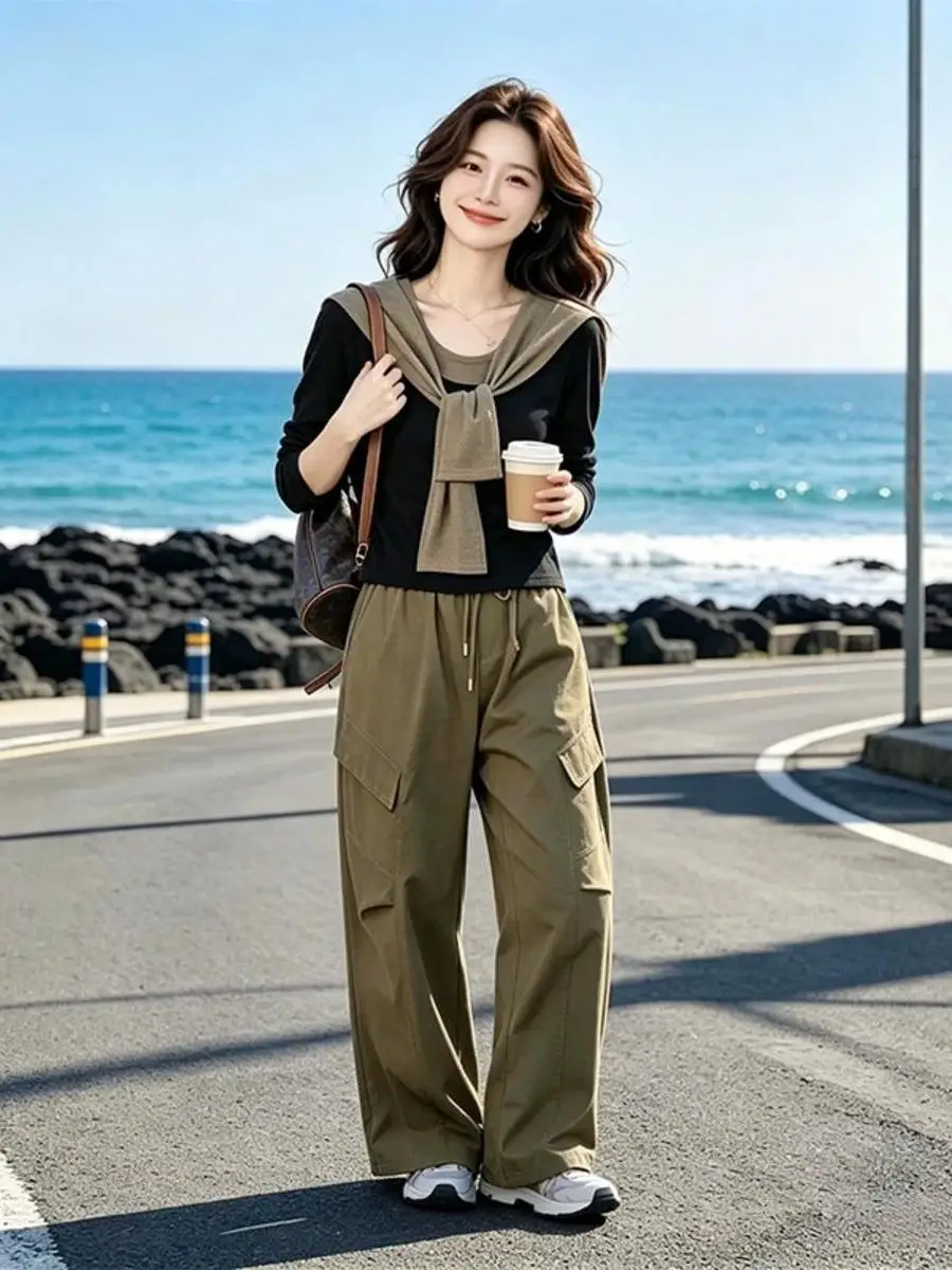 Fashionable Shoulder Wrap Color Block Workwear Wide Leg Pants Set Vintage Autumn Outfit Casual Style Polyester Blend T-Shirt