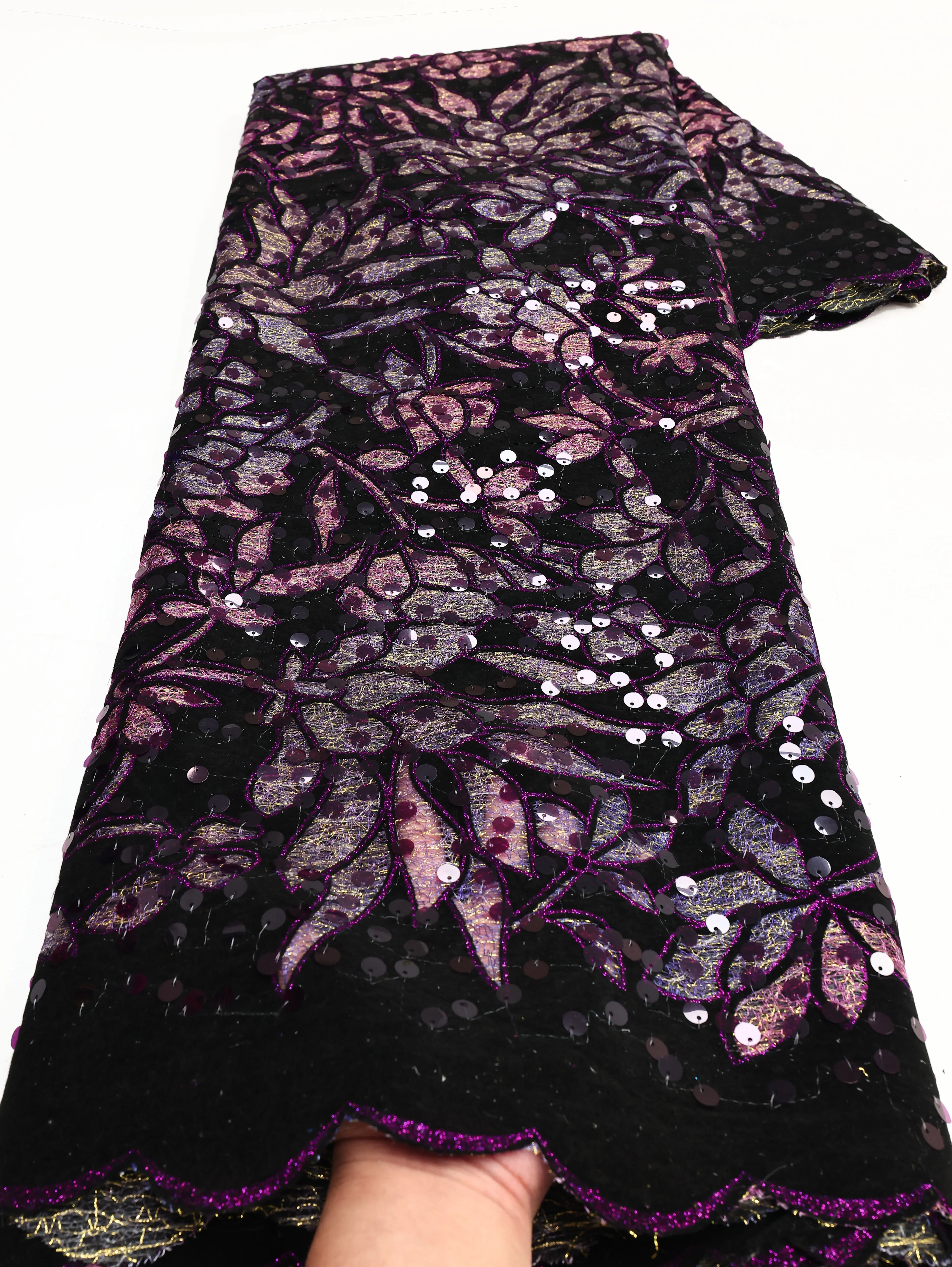 African Sequins Flocking Lace Fabric