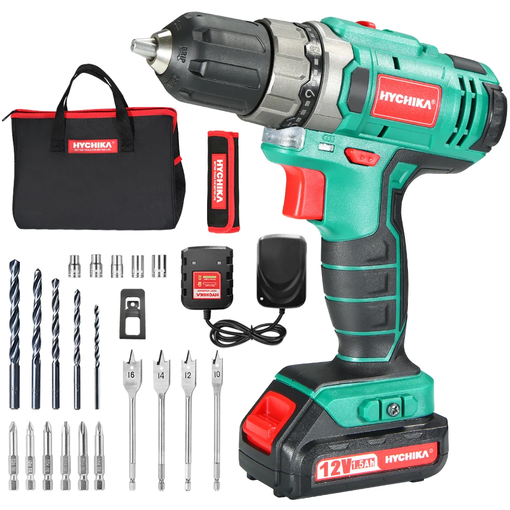 HYCHIKA 12V Cordless Screwdriver with Drills Set for Drilling Metal Wood Plastic Tighten the Screw Electric Drill Power Tools