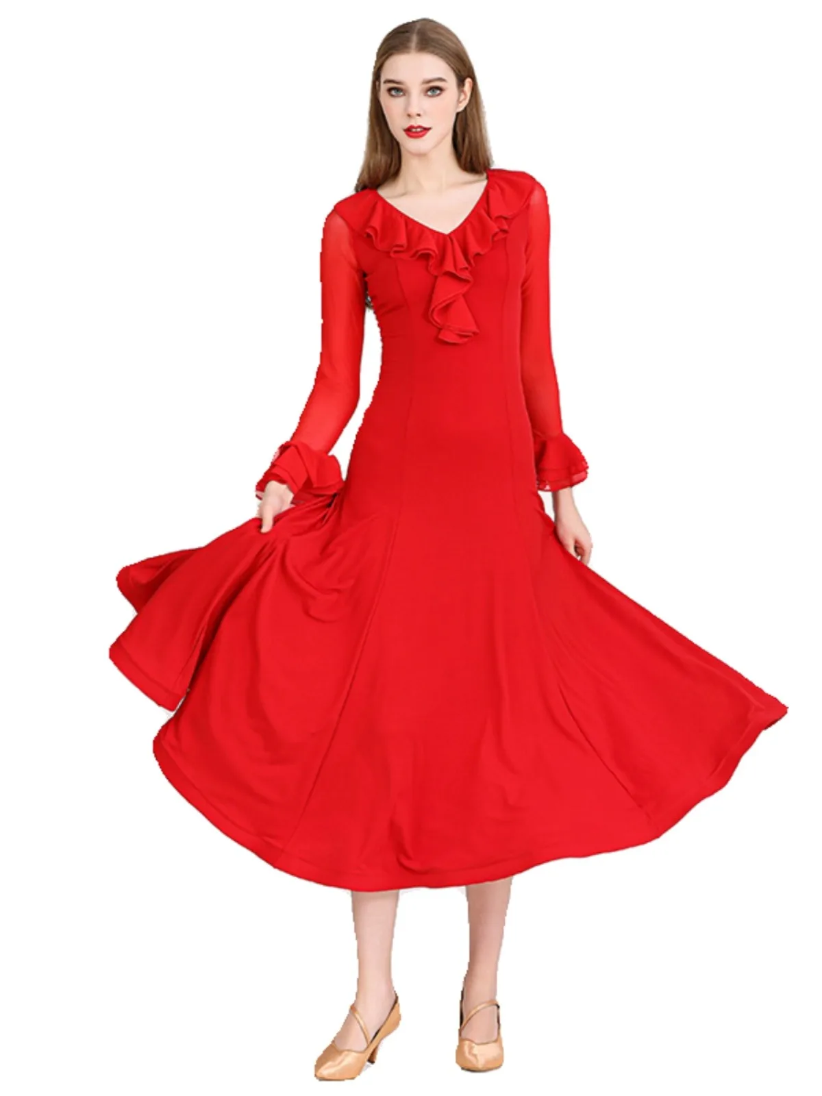 Roter Rüschen kragen Frauen Ballsaal Tanz kleid Swing Flamenco Tango Tanz kostüme Tanz tragen elegantes Party kleid